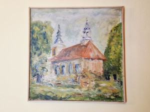 (1979) GŁOGÓW / W. HALKOCZY - OBRAZ OLEJNY (60,0 cm x 60,0 cm) / PEJZAŻ KARPACZ - KOŚCIÓŁ