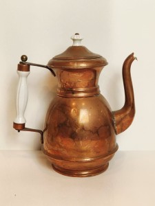 (XIX / XX w) ZABYTKOWY MIEDZIANY (CERAMICZNE UCHWYTY) DZBANEK - ZAPARZACZ