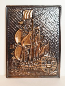 (l. 70 / 80-te XX w) "ŻAGLOWIEC" - OBRAZ (24,8 cm x 33,4 cm) WYCISK MIEDZIANY