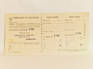 (l. 20-te XX w) BLANKIET NADAWCZY "POCZTOWEJ KASY OSZCZĘDNOŚCI" - "Nr (konta) 3.700 Administracja tygodnika BLUSZCZ" 